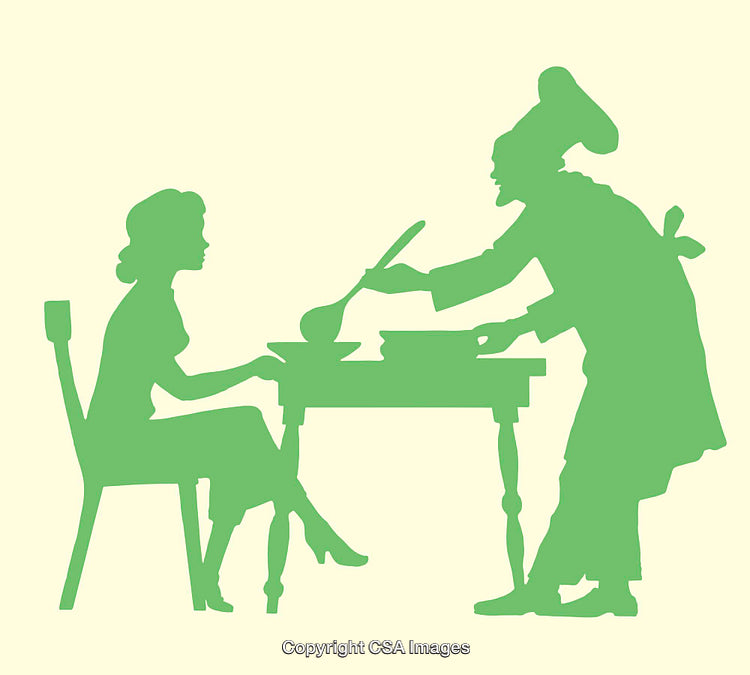 Chef Serving a Seated Patron in a Green Line Art Illustration