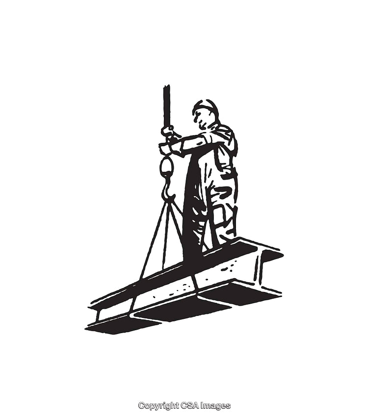 Construction Worker Managing Steel Beam in Black and White Line Art