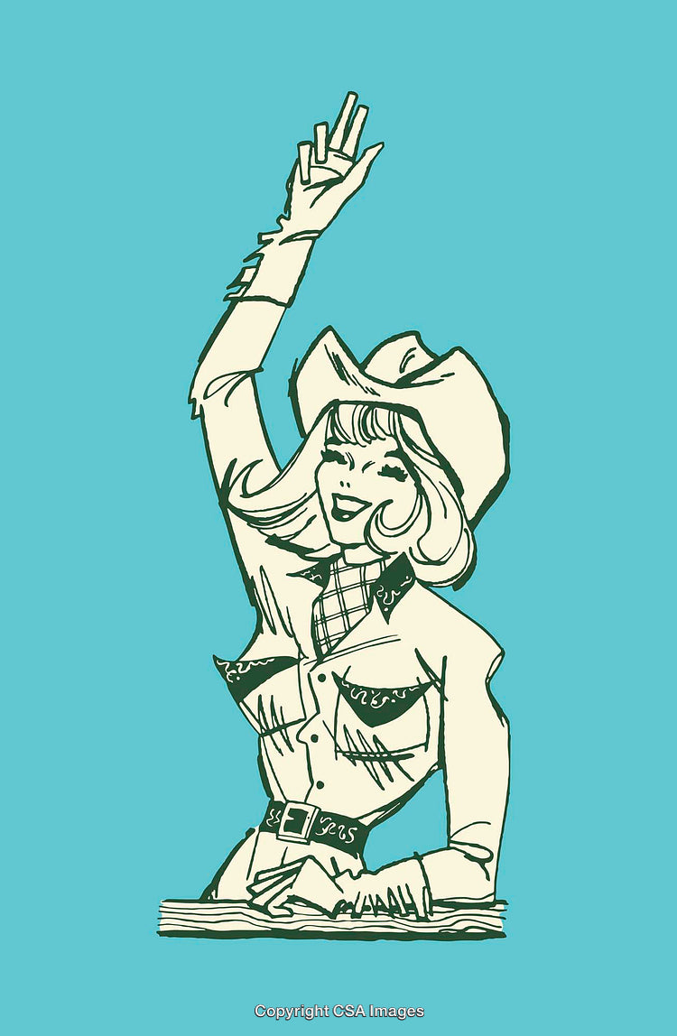 Cheerful Cowgirl in Hat Waving Joyfully in Line Art Style