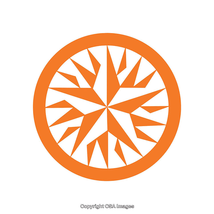 Geometric Orange Shape Featuring Circular and Starburst Design on White Background