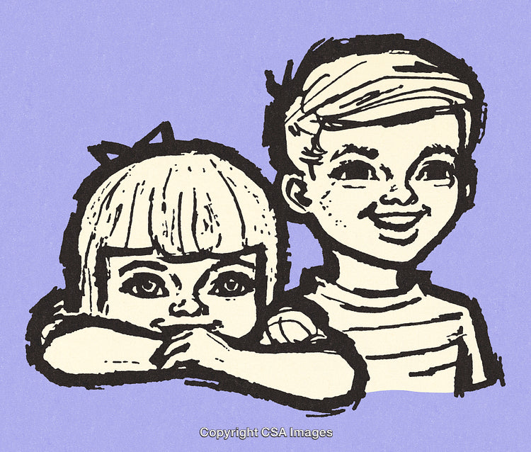 Hand-Drawn Illustration of Two Children Together on a Purple Background