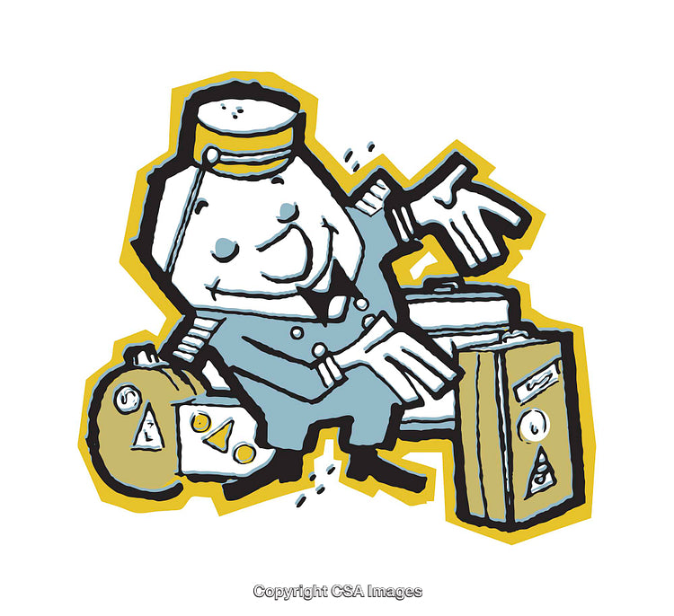Playful Illustration of a Friendly Bellhop Carrying Multiple Pieces of Luggage
