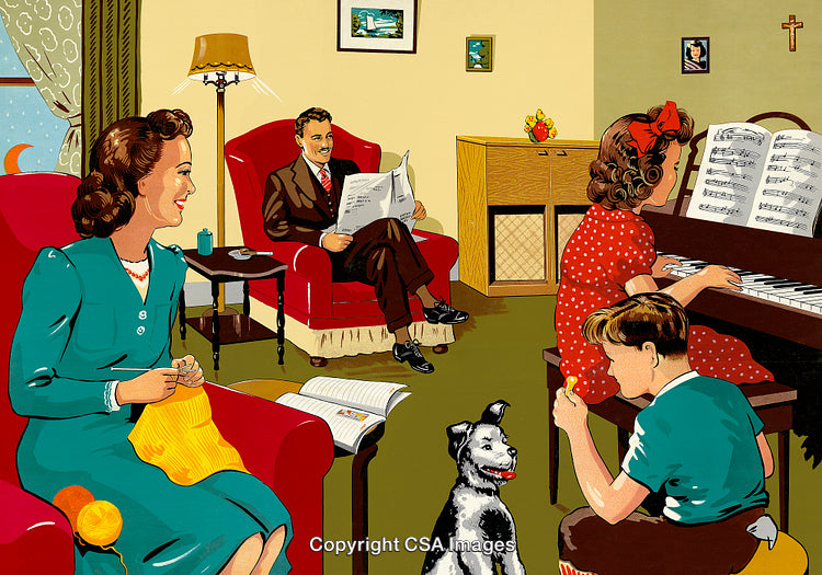 Vintage-Style Illustration of a Family Enjoying a Cozy Evening Together at Home