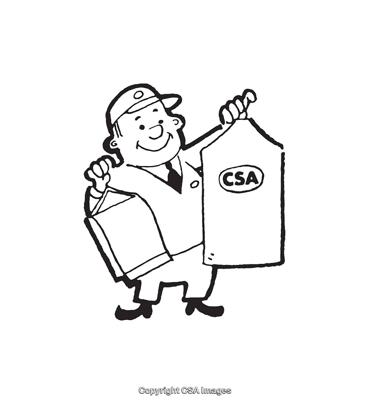 Smiling Delivery Worker with CSA Package in Black and White Line Art