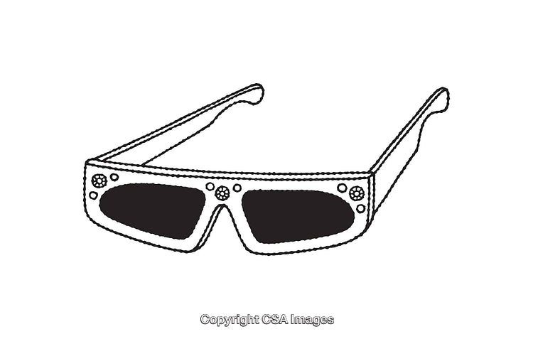 Black and White Line Drawing of Stylish Sunglasses with Decorative Details