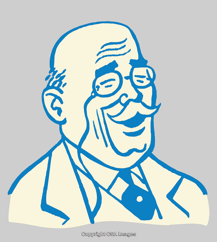 Joyful Line Art Illustration of a Mustachioed Elderly Man in Glasses