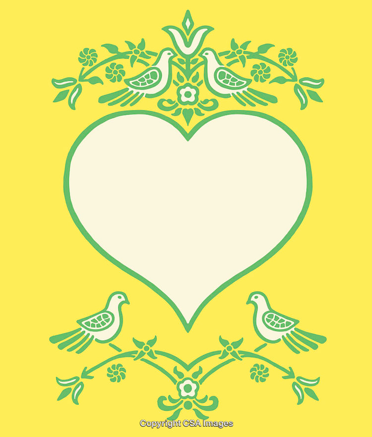Decorative Illustration with Heart, Doves, and Floral Motifs on Yellow Background