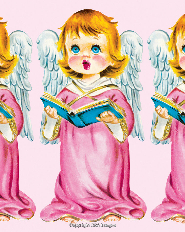 Vintage Illustration of Angels Singing with Books in Pink Outfits