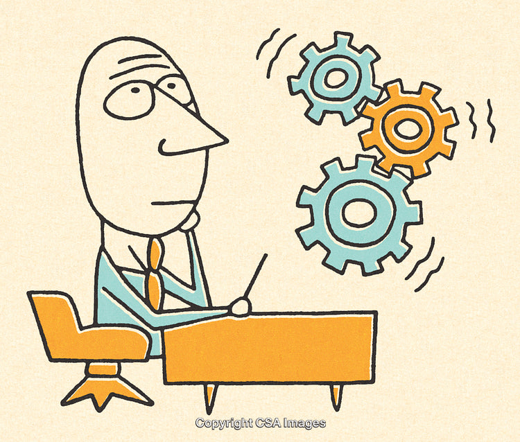 Cartoon Drawing Of Businessman Thinking With Gears Representing Ideas and Problem Solving