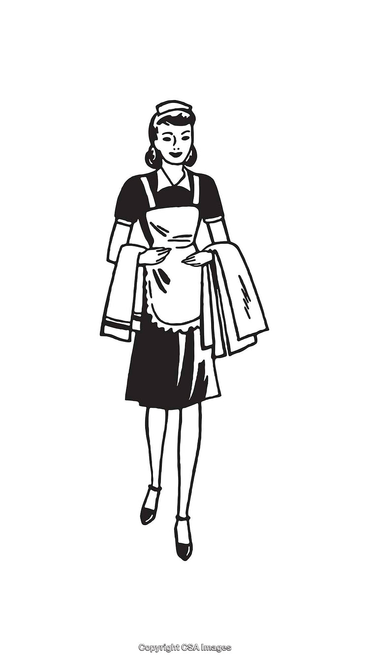 Vintage Black and White Illustration of a Maid Holding Towels
