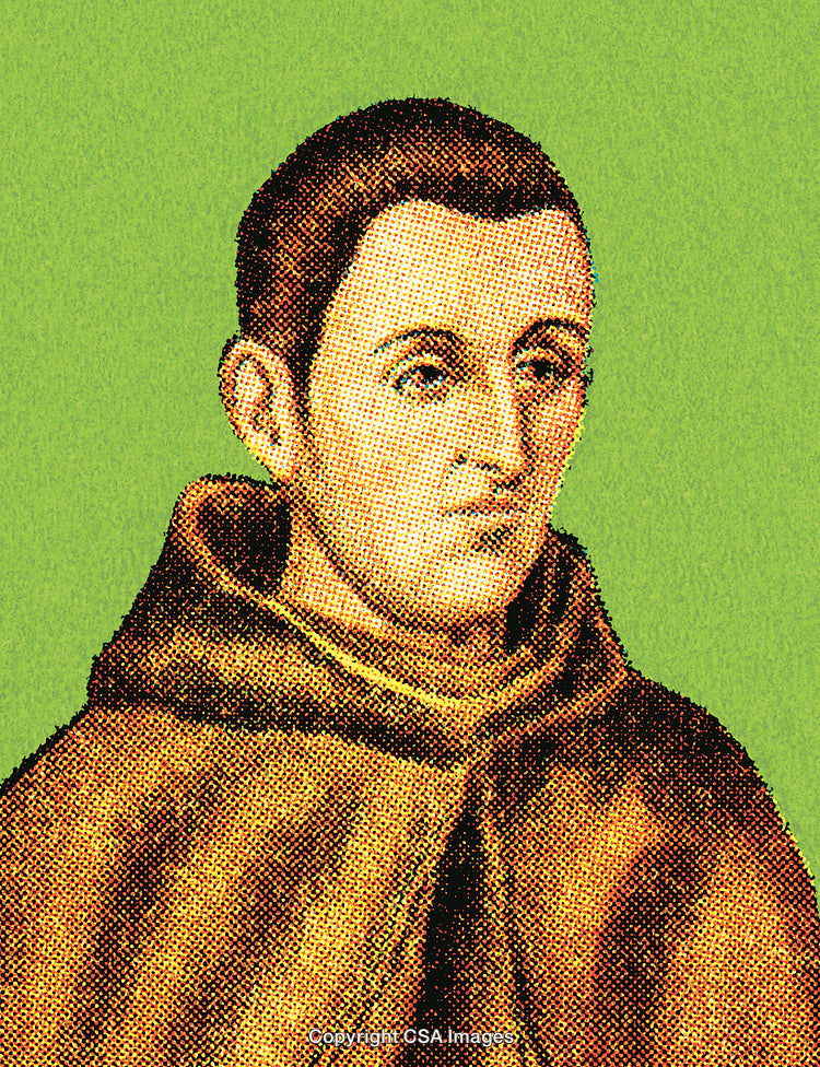 Vintage Portrait Illustration of a Monk in Brown Robes on Green Background