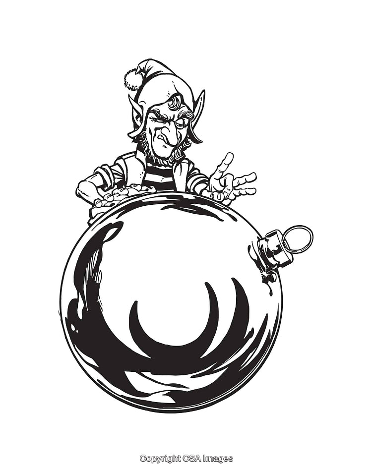 Black and White Illustration of a Christmas Elf Holding a Large Ornament