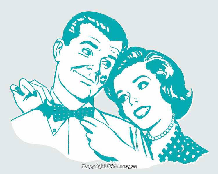 Retro Illustration of Couple Adjusting Bow Tie in Line Art Style
