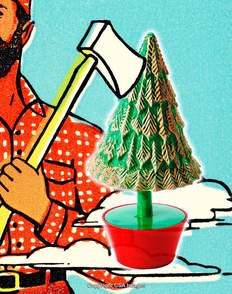 Illustrated Wooden Lumberjack Toy Poses with Green Tree and Axe
