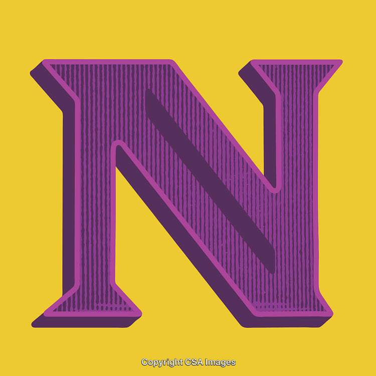 Purple Letter N Artwork on Yellow Background in Decorative Style