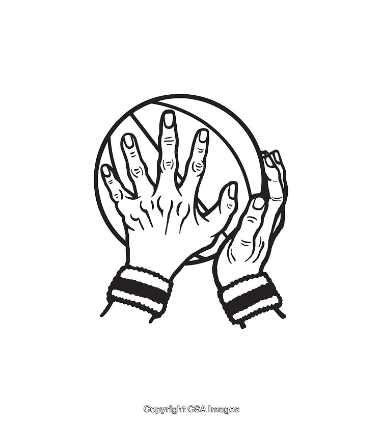 Black and White Line Art of Hands Grasping a Basketball