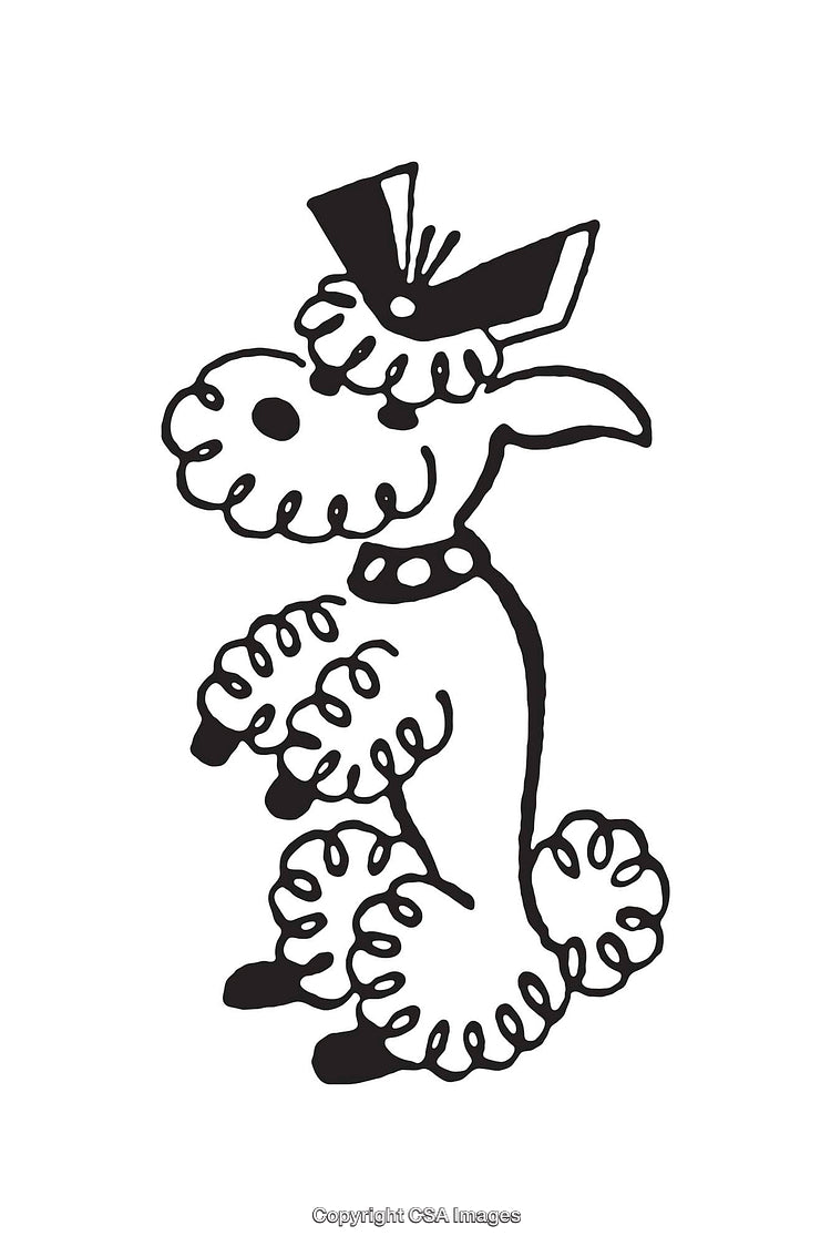 Black and White Line Art Illustration of a Stylized Poodle Dog