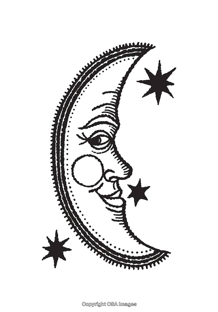Elegant Black and White Line Art of a Moon with Stars