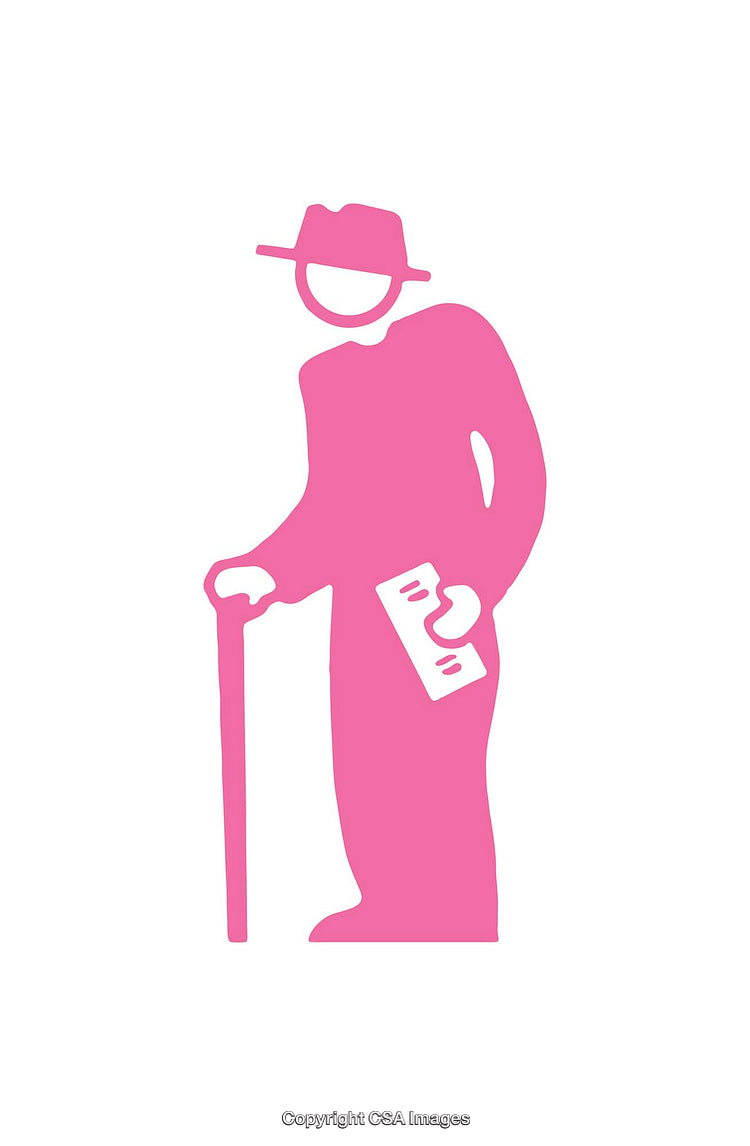 Abstract Pink Icon of Elderly Person with Walking Stick and Envelope