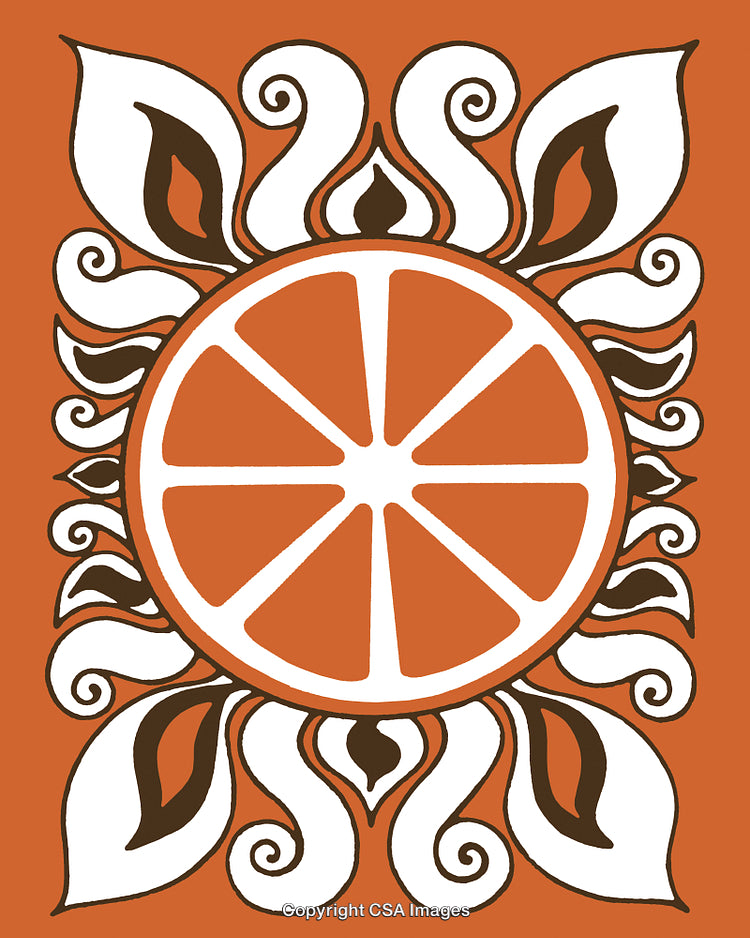 Ornamental Orange Slice with Abstract Floral Swirls on a Vibrant Background