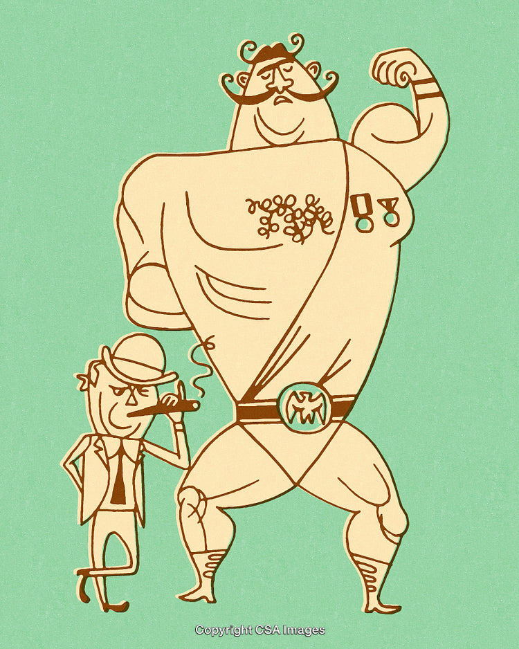 Cartoon of a Strongman with a Small Gentleman in Vintage Style