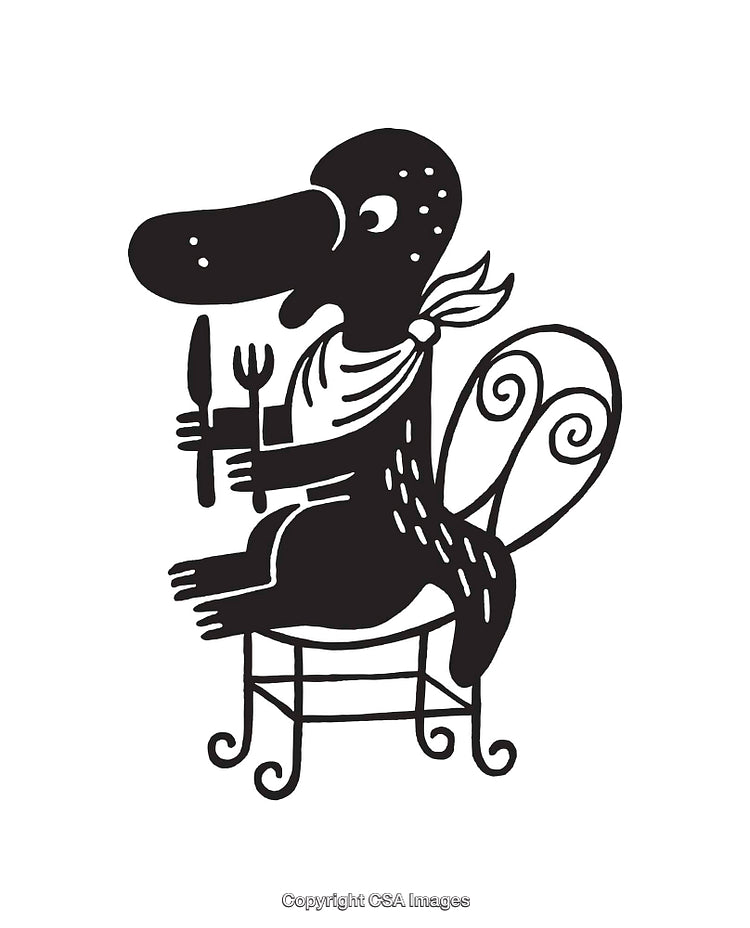 Black and White Illustration of a Seated Platypus Holding Cutlery