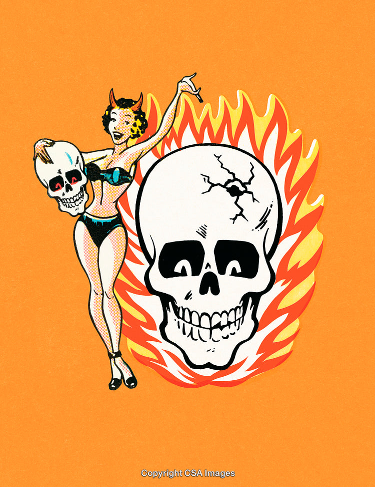 Retro Illustration of a Devil Woman With Flaming Skull on Orange Background