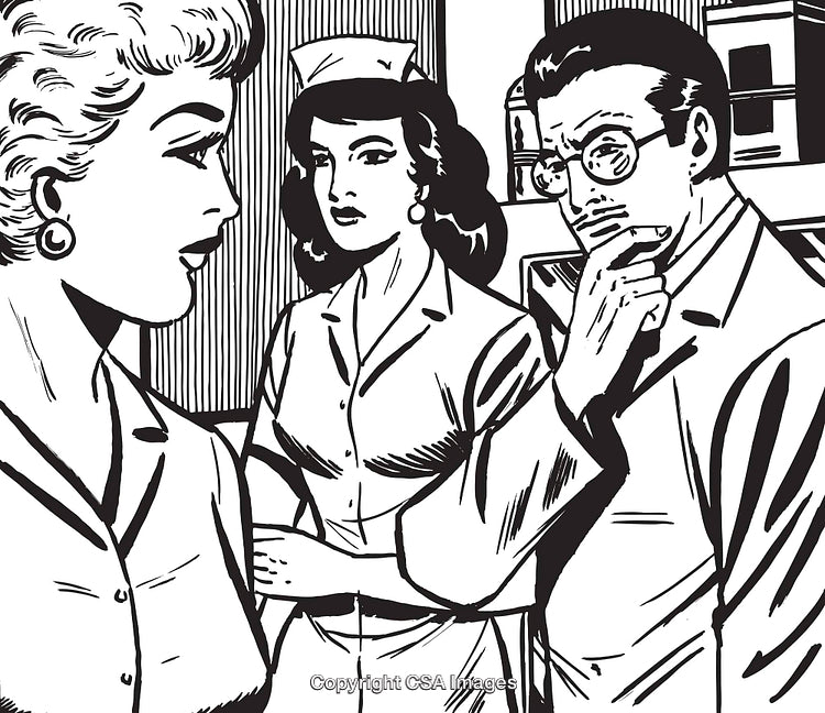 Retro Illustration of a Medical Discussion with Professionals in a Hospital Setting