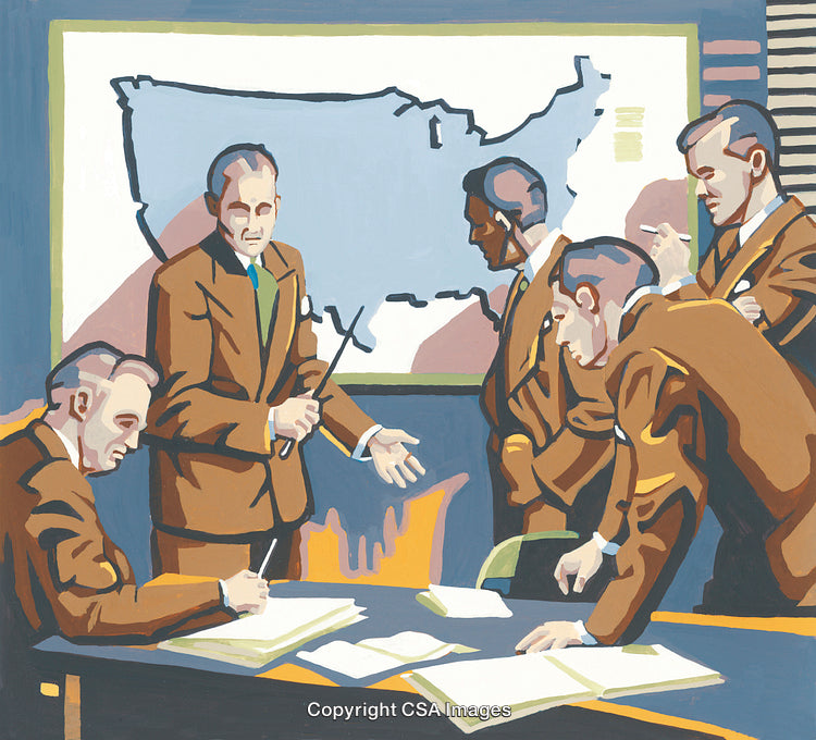 Retro Businessmen Discussing Strategy in a Paint-by-Number Illustration Style