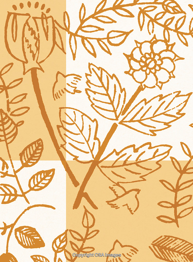 Floral Line Drawing Pattern in Earthy Orange and White Hues