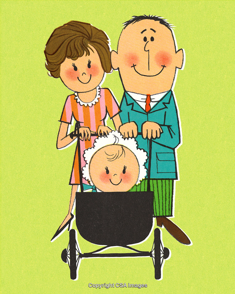 Happy Family Outing with Baby in Stroller, Retro Illustration Style