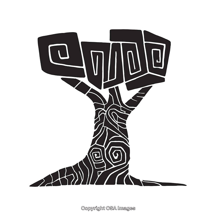 Abstract Black and White Tree Illustration with Swirling Patterns