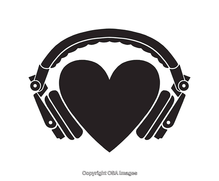 Heart with Headphones Icon Representing Music and Love in Monochrome Art