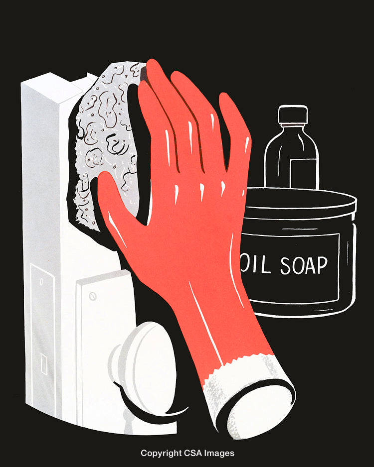 Stylized Illustration of Cleaning with Soap and Gloves on a Dark Background