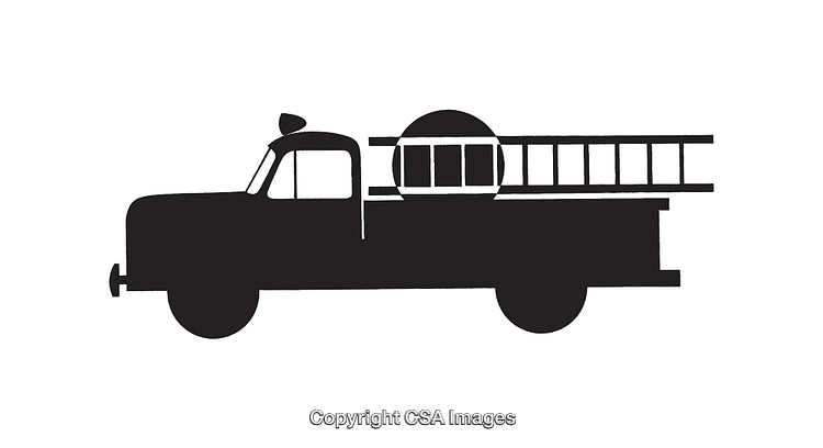 Silhouette Illustration of Fire Truck with Ladder in Black and White