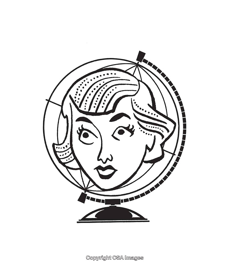 Surreal Black and White Illustration of a Globe with Human Features