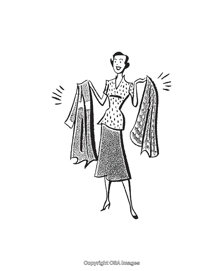 Elegant Vintage Woman Displaying Fabrics in Retro Black and White Illustration