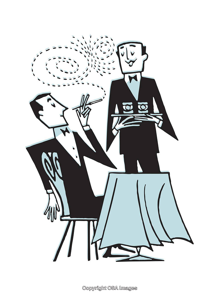 Vintage Illustration of a Gentleman Smoking Served by a Waiter