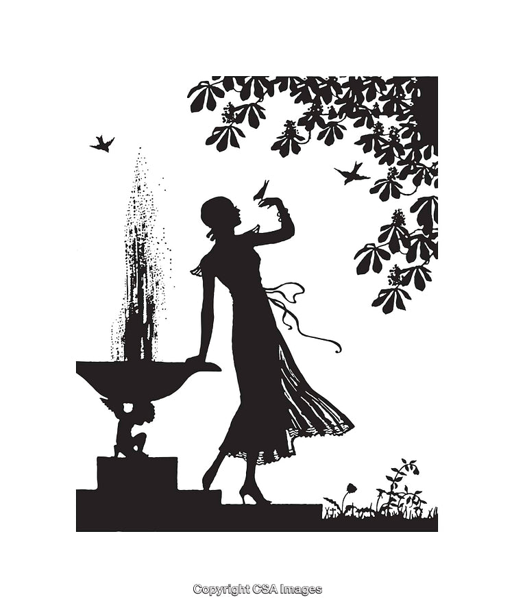 Elegant Silhouette of Lady by a Fountain with Birds Flocking