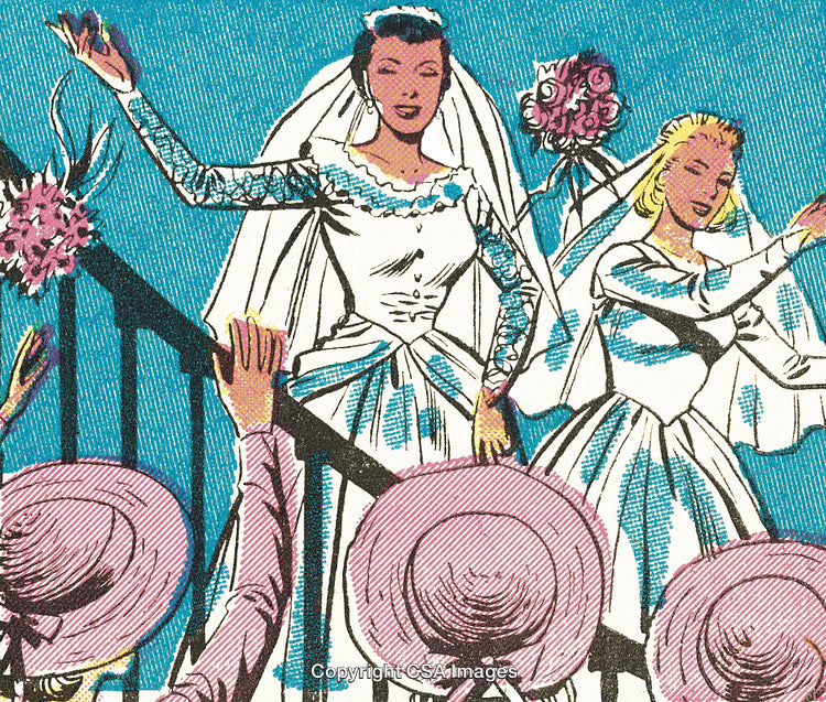 Vintage Comic Illustration of Brides Waving in Beautiful Wedding Scene