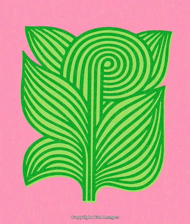 Abstract Leaf Design With Green Lines on a Pink Gradient Background