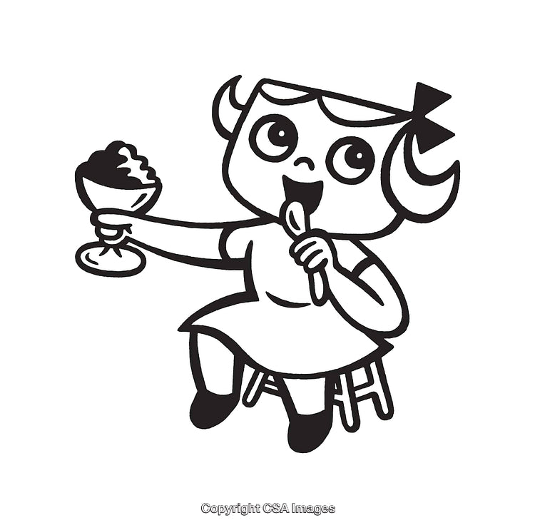 Cute Cartoon Girl Enjoying Ice Cream in Black and White Art