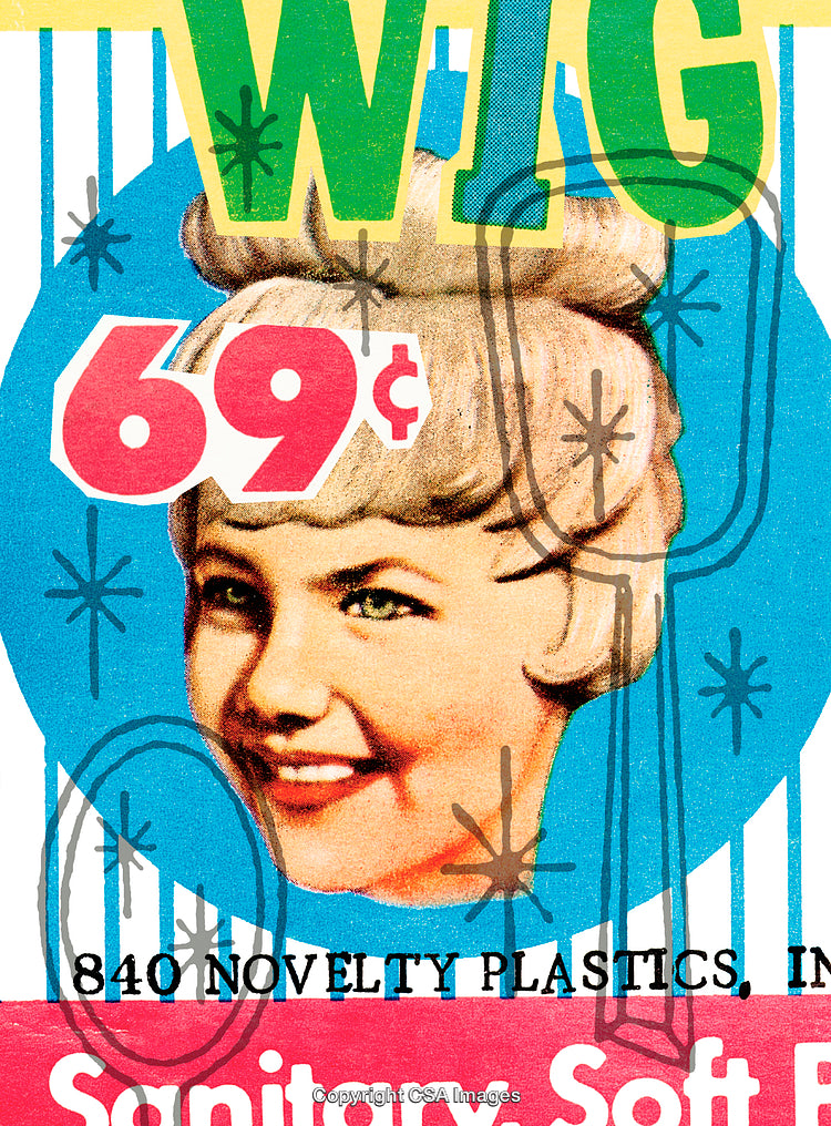 Retro Advertisement for Wig Products Featuring Vintage Artwork and Bold Typography