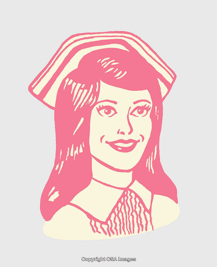 Vintage Inspired Illustration of a Smiling Woman in Retro Attire and Hat