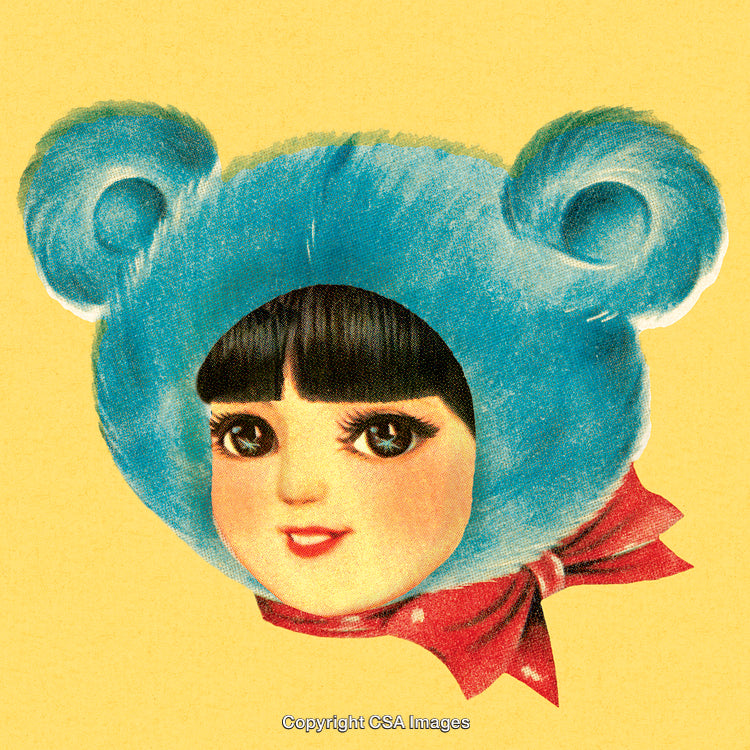 Vintage Illustration of Smiling Child in Cute Blue Bear Hat with Red Scarf