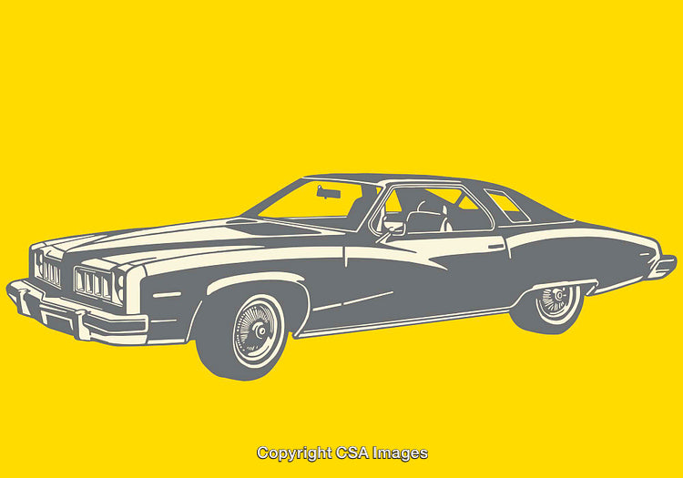 Vintage Car Line Art Illustration on Bright Yellow Background