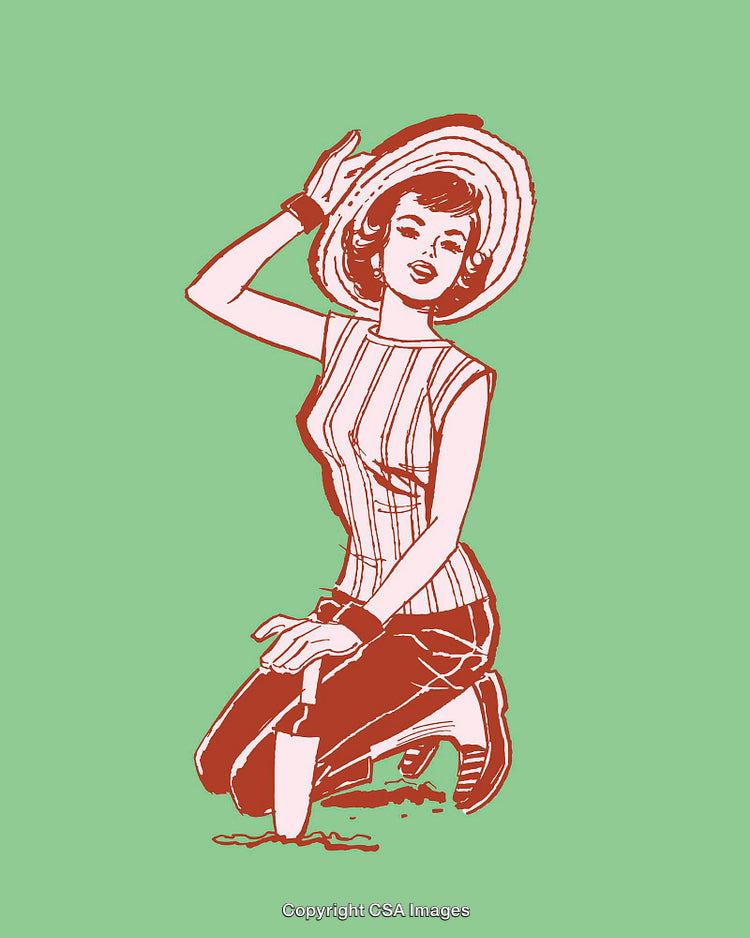 Vintage Retro Style Woman Gardening on a Vibrant Green Background
