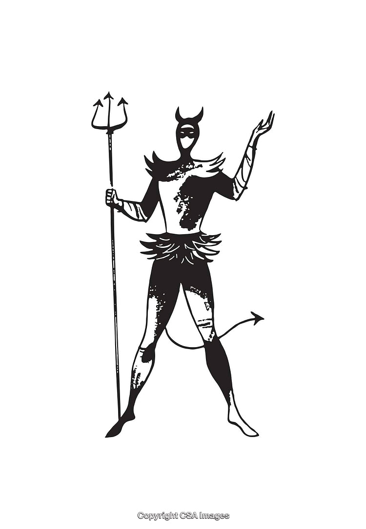 Black and White Line Art of a Mythical Demon Holding a Trident