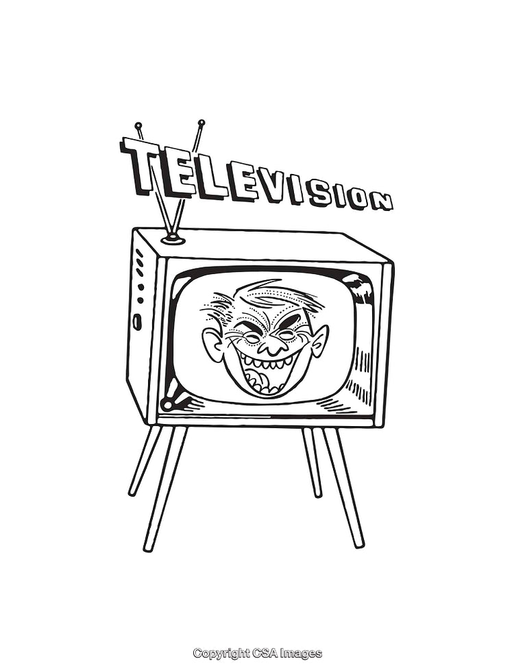 Retro Television Line Art Drawing Featuring A Smiling Cartoon Face