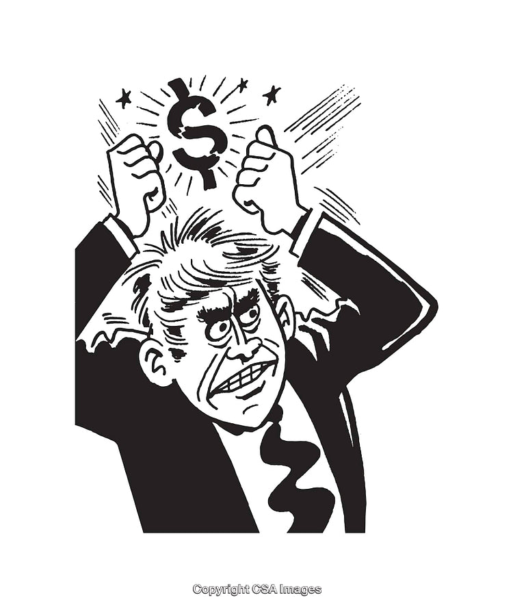 Monochrome Illustration of a Man Reacting to Financial Concepts